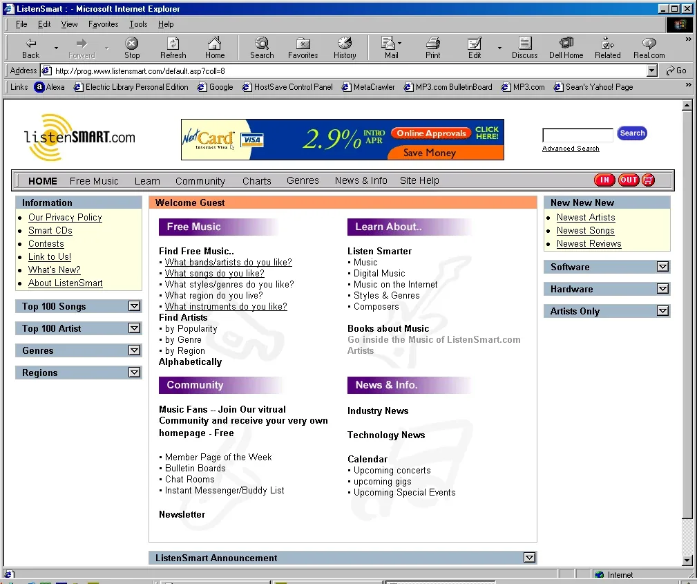 The ListenSmart.com home page in Internet Explorer, 2000, shown with the restored listenSMART.com logo: a menu bar (Home, Free Music, Learn, Community, Charts, Genres, News & Info, Site Help) and modules for Free Music, Learn About, Community and News & Info.