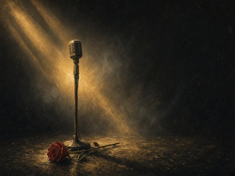Illustration: a vintage microphone in stage haze with a single rose at its base.