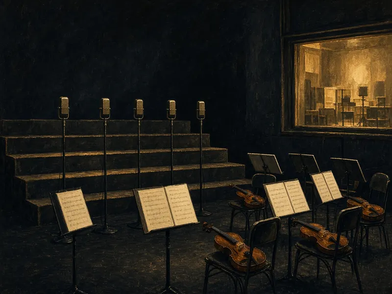 Illustration: a 1960s recording studio with a row of ribbon microphones, chorus risers and violins on chairs.
