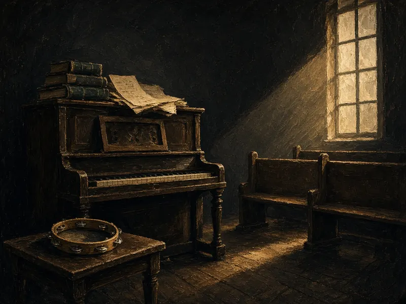 Illustration: an upright piano with hymnals and a tambourine in a small wooden church.