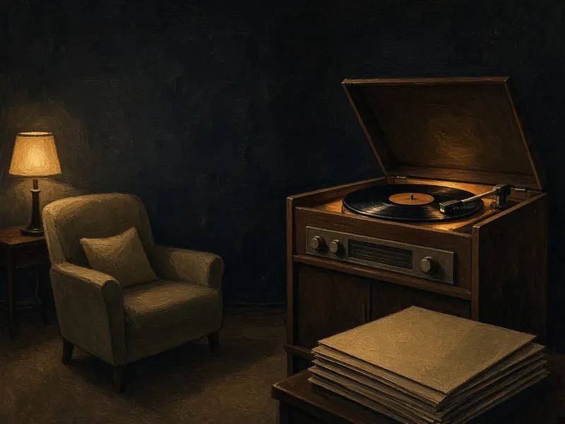 Illustration: a 1950s living room with a console record player, a lamp and an empty armchair.