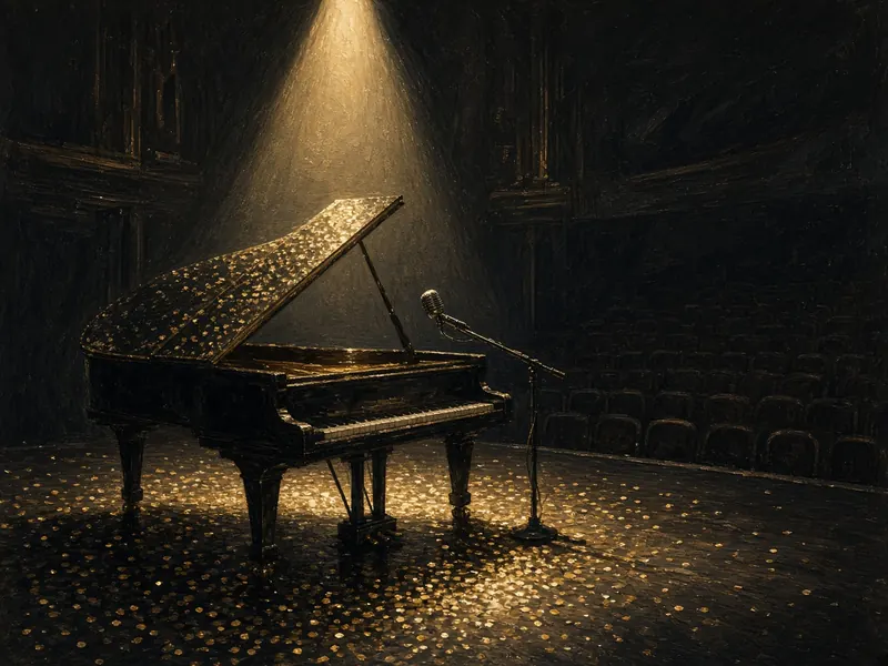 Illustration: a glittering grand piano under a spotlight on a 1970s concert stage.