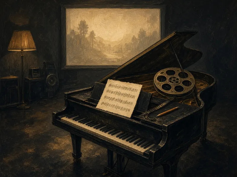 Illustration: a grand piano with a film-score manuscript and a film reel, a projection screen behind.
