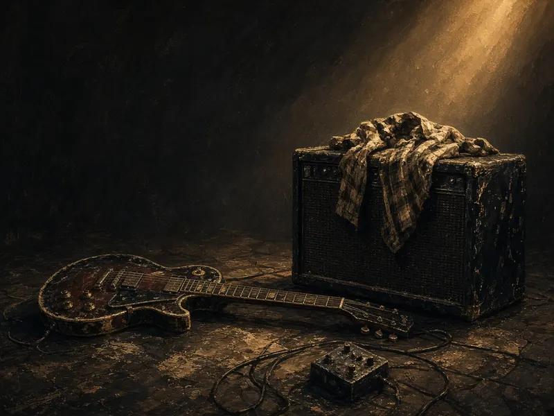 Illustration: a battered electric guitar on a club stage floor beside an amp with a flannel shirt draped over it.