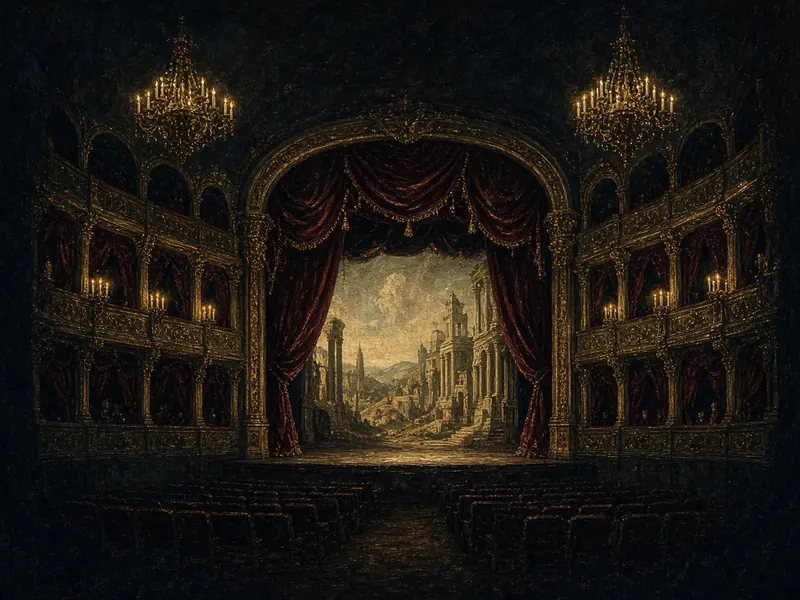Illustration: a candlelit baroque opera house with gilded boxes and an empty stage.