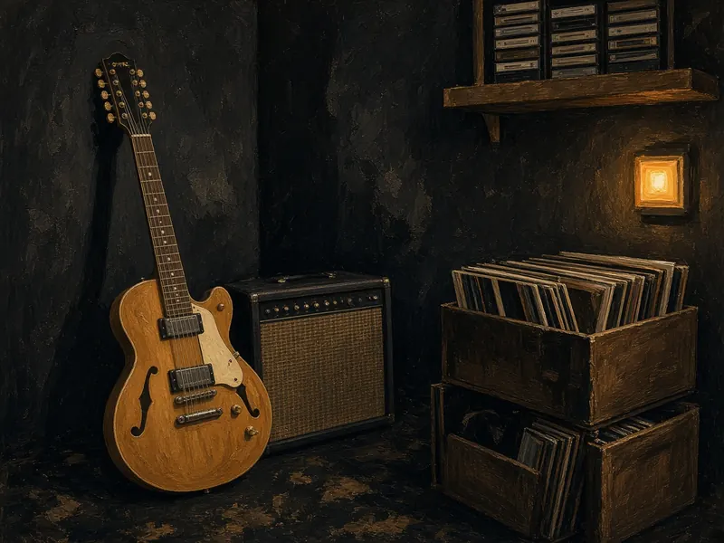 Illustration: a twelve-string electric guitar and a small amp in a 1980s college-radio studio, with crates of records.