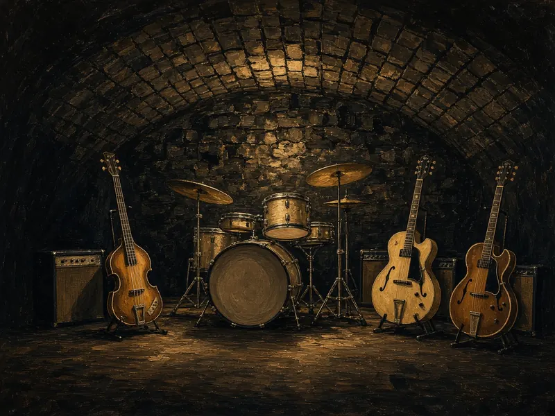 Illustration: a 1960s cellar club stage with a drum kit, a violin-shaped bass and hollow-body guitars.