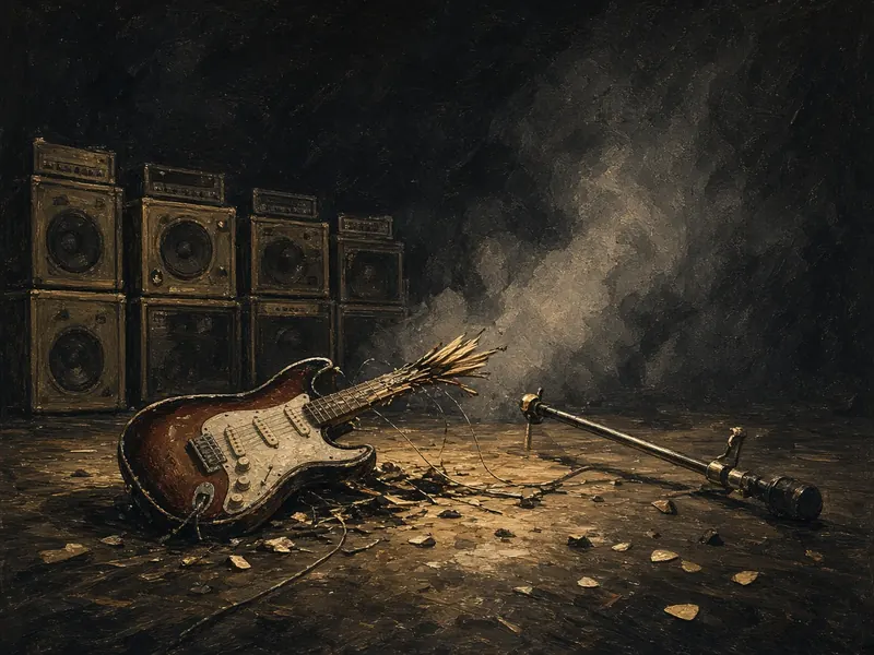 Illustration: a smashed electric guitar and a toppled microphone stand in front of a wall of speaker cabinets.