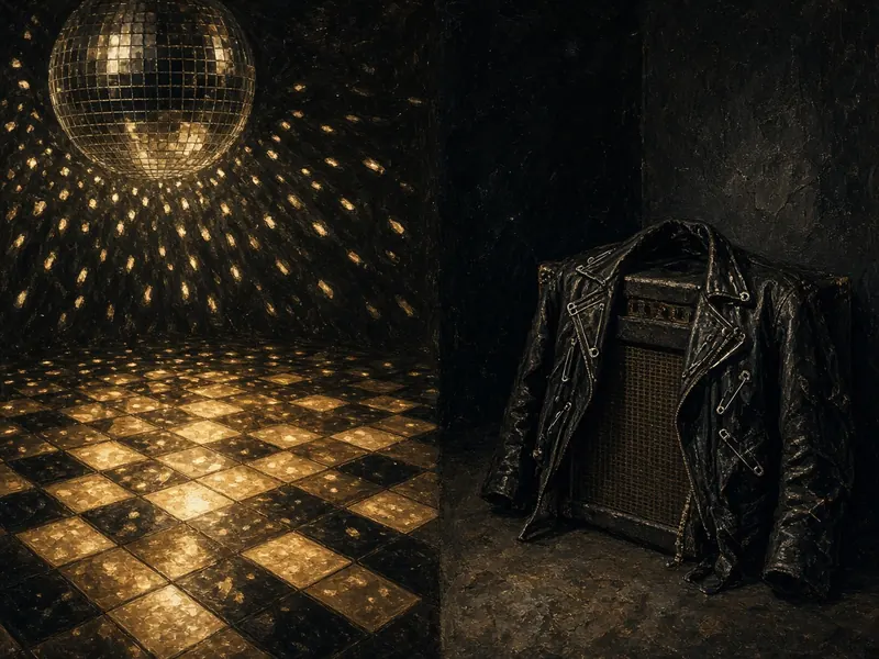 Illustration: a mirror ball over a lit disco floor beside a safety-pinned leather jacket on an amp.