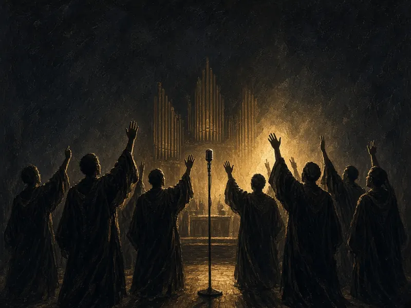 Illustration: a robed gospel choir seen from behind in silhouette, arms raised toward a lit church stage.