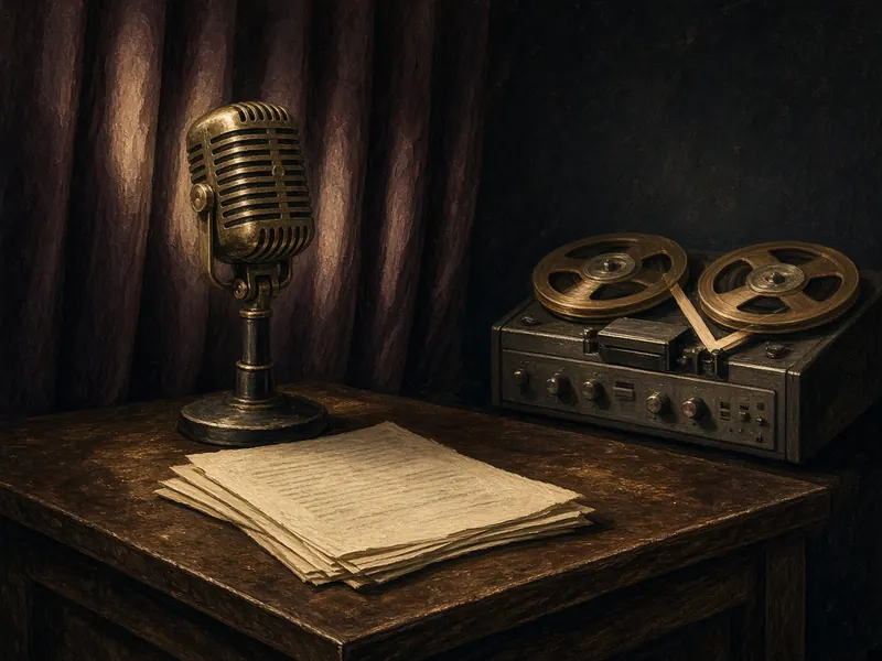 Illustration: a vintage broadcast microphone on a desk with a manuscript and a reel-to-reel recorder.