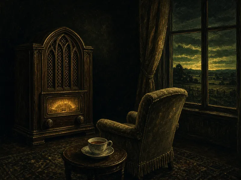 Illustration: a 1930s cathedral radio glowing in a dark parlor, an empty armchair facing it and an eerie glow outside.