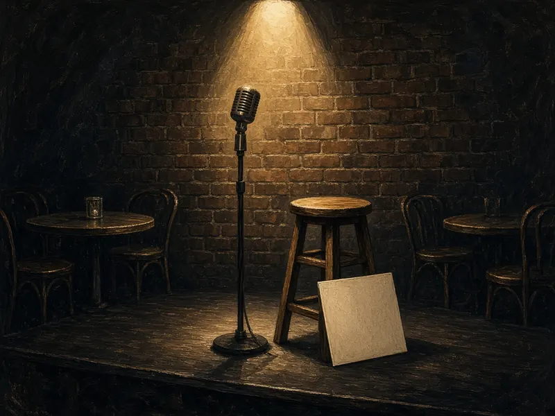 Illustration: a comedy-club stage with a microphone and a stool under a spotlight against a brick wall.
