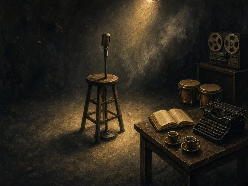 Illustration: a 1950s coffeehouse poetry corner with a microphone, bongos, a typewriter and an open book.