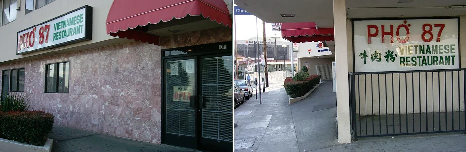 Two photographs of Pho 87 Vietnamese Restaurant in Los Angeles’s Chinatown: the pink stone front with its red awning and Pho 87 sign, and the side entrance with the sign behind a black railing.